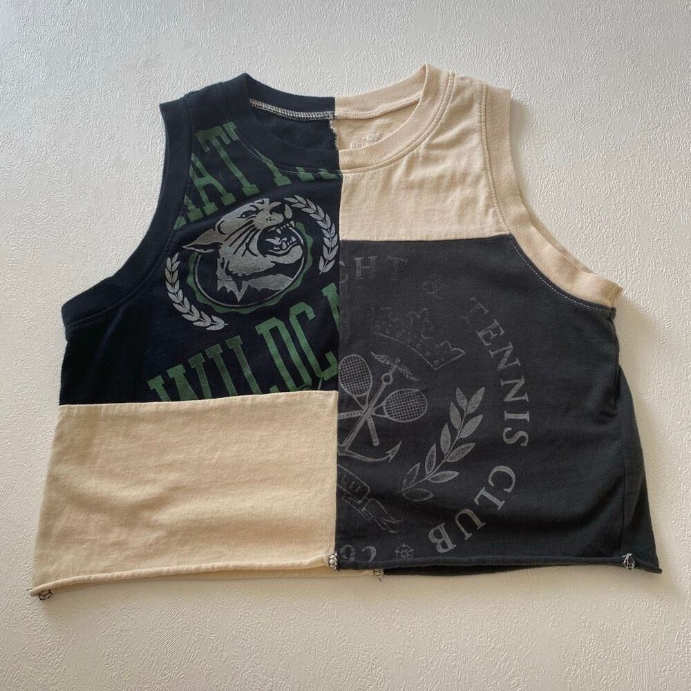 Hollister Patchwork Crop Tank Top XS Reworked Style Colorblock Graphic Tee Cutof